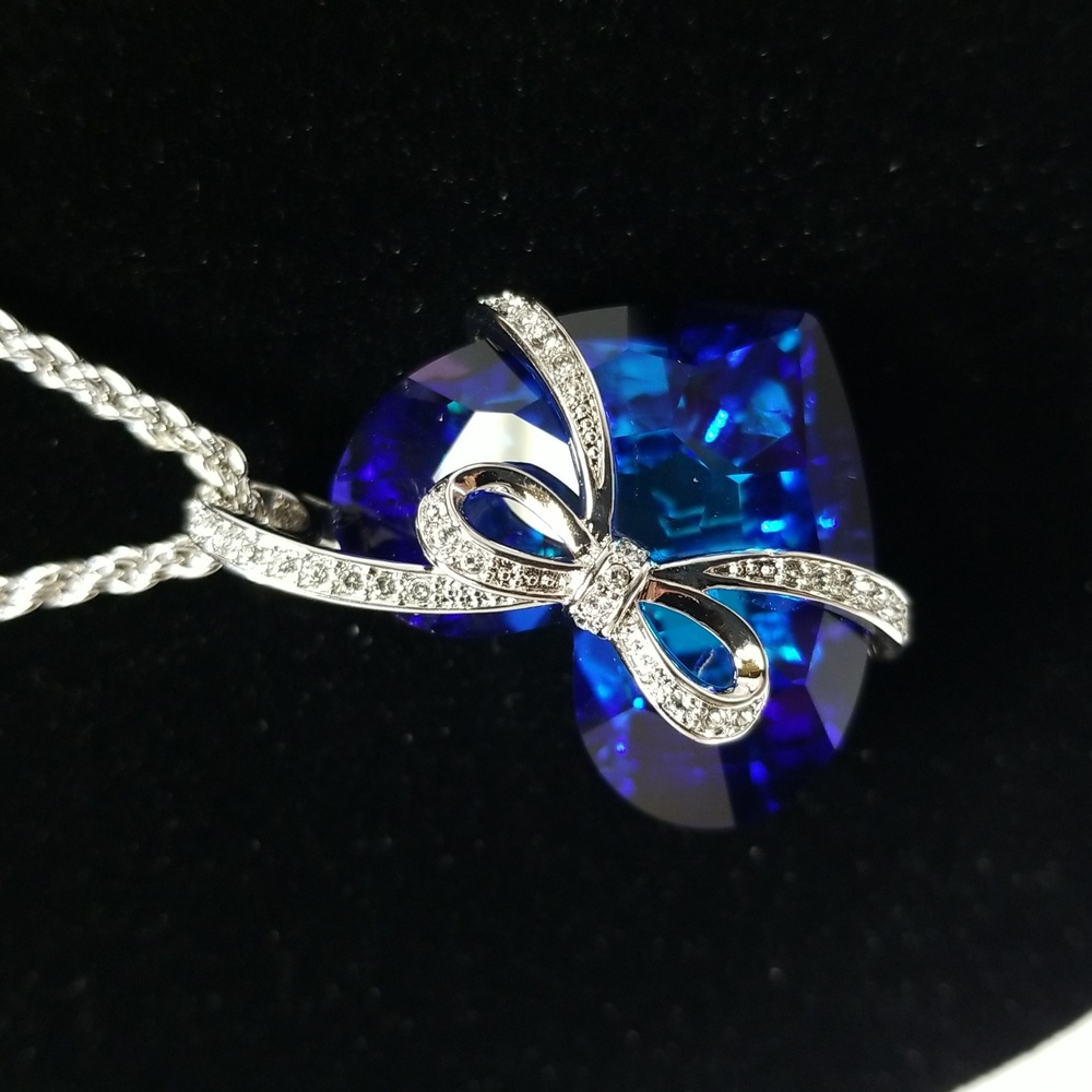 925 SS USA Simulated Diamonds Titanic Style Sapphire Tone Crystal Necklace 18"